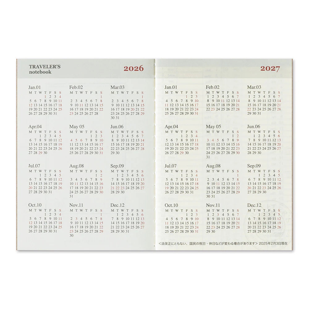 TRAVELER'S Notebook Refill 2026 Weekly (Passport Size)
